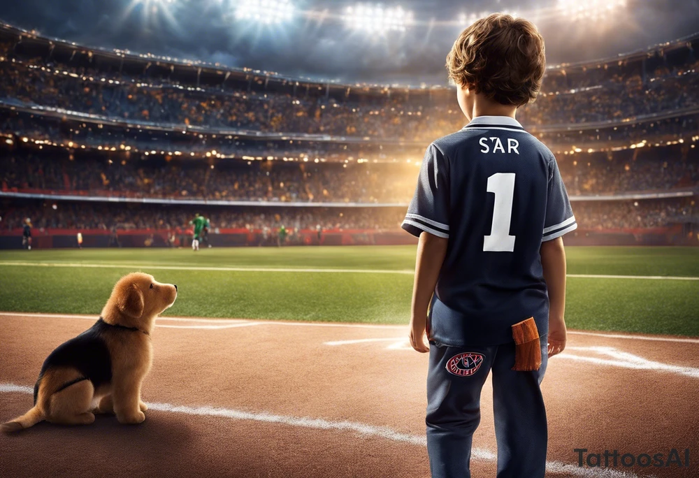 A little boy with the number 10 on his back walking into a stadium with a cross above it and a saying Roman’s 8:18 “ the pain you are feeling today, can’t compare to the joy to come tomorrow.” As well with 5 stars around it and in each star I want the number 15, 2 , 25, 27, 2 . tattoo idea