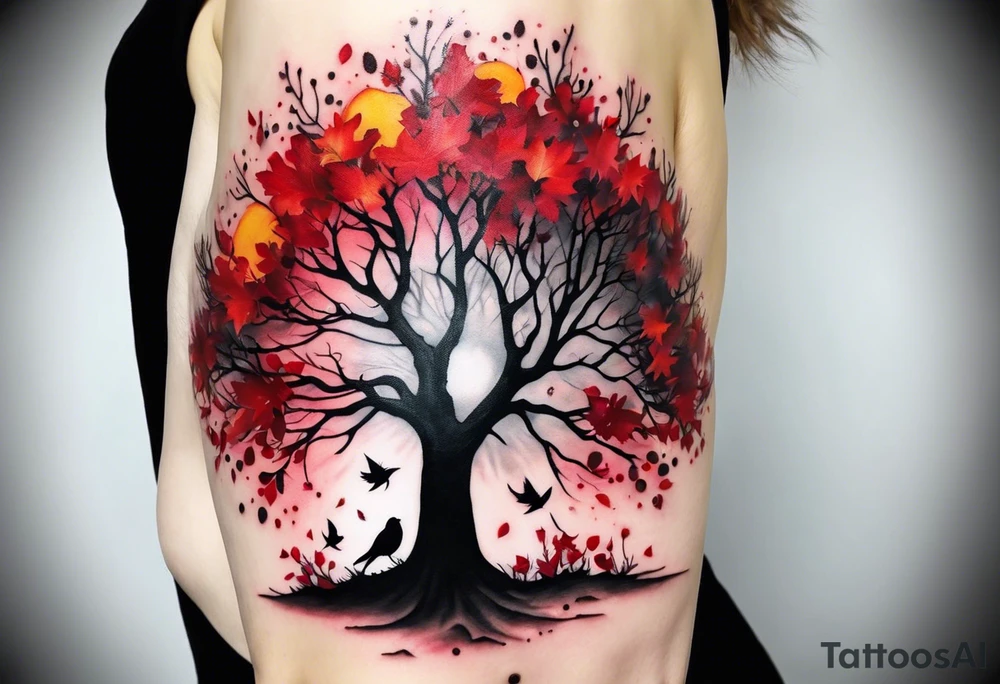 trash polka style. Arm tattoo. chest tattoo. Long tattoo. large tattoo. Full sleeve. Shoulder. A single large maple tree with red autumn leaves that branches upwards from wrist to shoulder. White-throated dipper bird on the trees branches. Calluna flowers at the base of the trees stem. Red/yellow sunset behind the trees stem. Leaves falling. tattoo idea