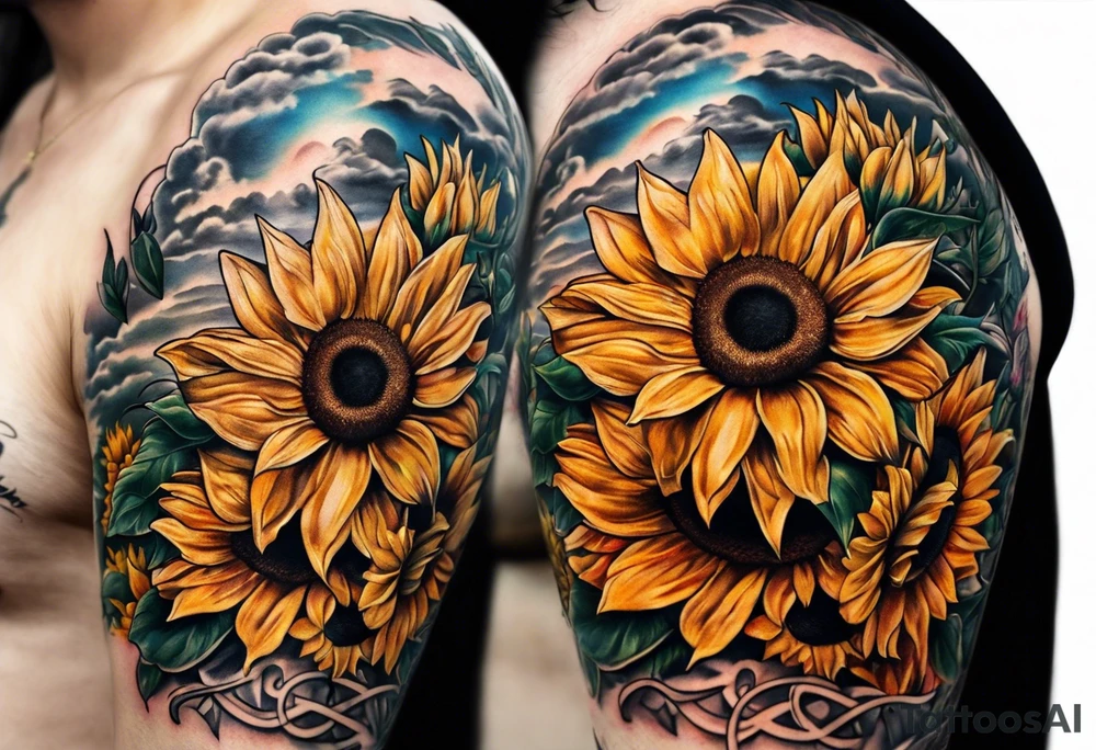Sleeve with Roman numeral and sunflowers tattoo idea