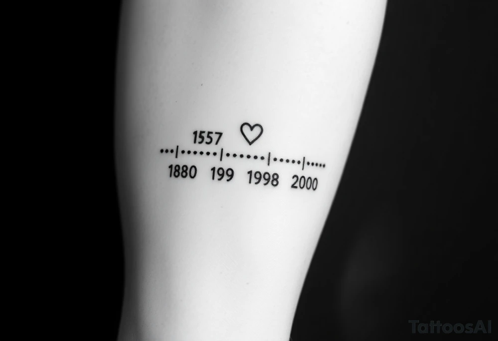 Top Line: The parent's birth year (1957) will be at the top, centered.  A small heart will be placed either directly beside it or slightly above it.
 * Timeline Line: A faint, dotted line will extend horizontally from the parent's year, representing the timeline.
 * Children's Years: Four birth years (1980, 1989, 1998, 2000) will be placed below the dotted line, evenly spaced.
Visualizing It:
Imagine it like this:
          1957 <3 
    .......................
    1980   1989   1998   2000 tattoo idea