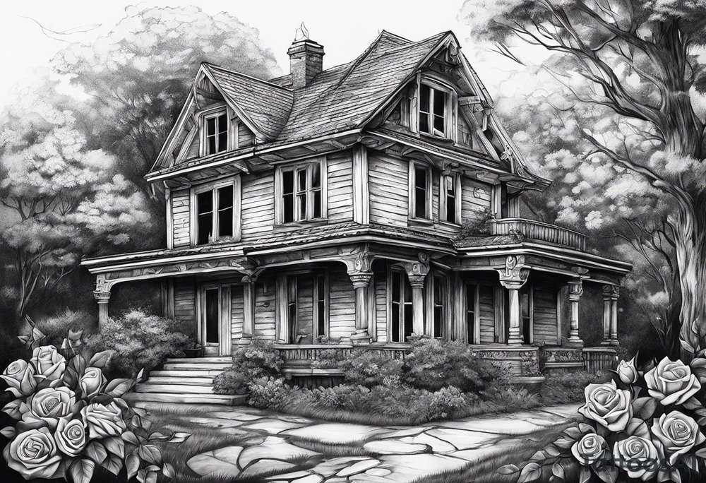 abandoned old house, broken sword, roses tattoo idea