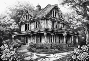 abandoned old house, broken sword, roses tattoo idea