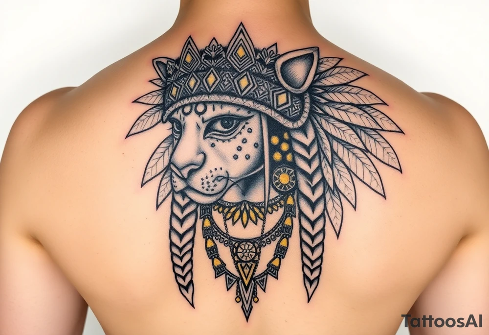 Aztec princess with panther headdress with gold accents tattoo idea