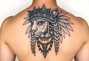 Aztec princess with panther headdress with gold accents tattoo idea