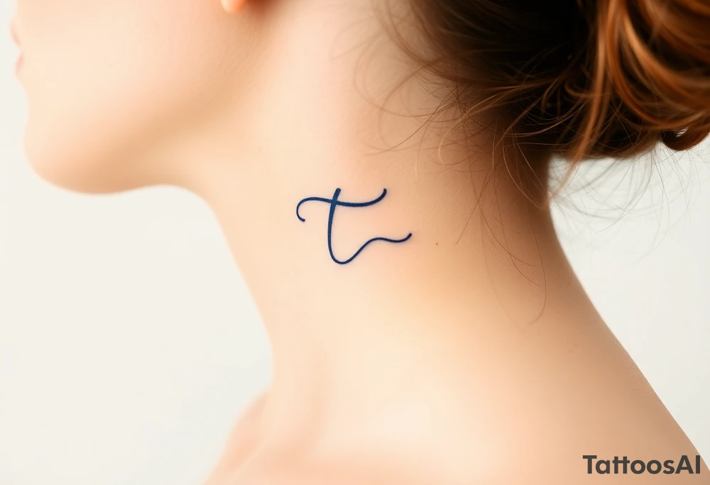 A handwritten "T" in indigo ink, underlined with a delicate wave. tattoo idea