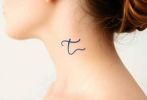 A handwritten "T" in indigo ink, underlined with a delicate wave. tattoo idea