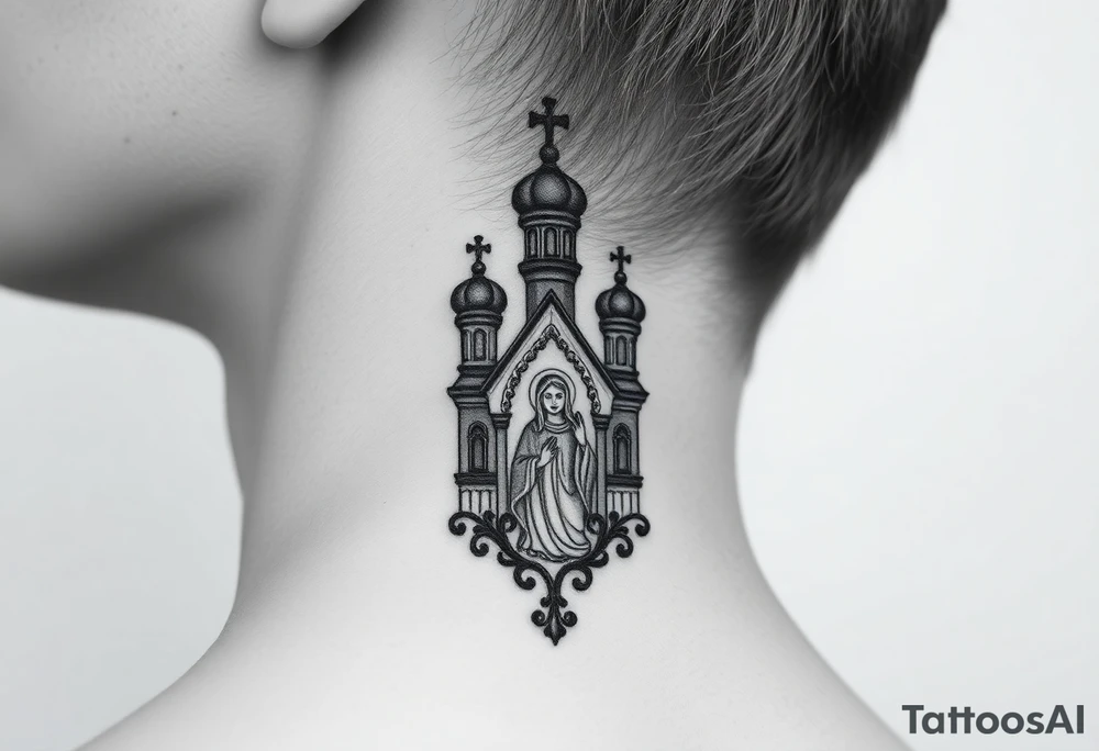 medium traditional russian orthodox church with russian coat arms and virgin mary on the side of your neck tattoo idea