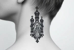 medium traditional russian orthodox church with russian coat arms and virgin mary on the side of your neck tattoo idea