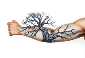 Arm sleeve, tree with limbs wrapping around, negative space tattoo idea