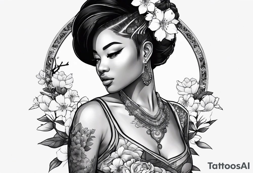 Black Female with name Nisha and sakura blossoms around her tattoo idea