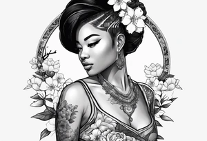 Black Female with name Nisha and sakura blossoms around her tattoo idea