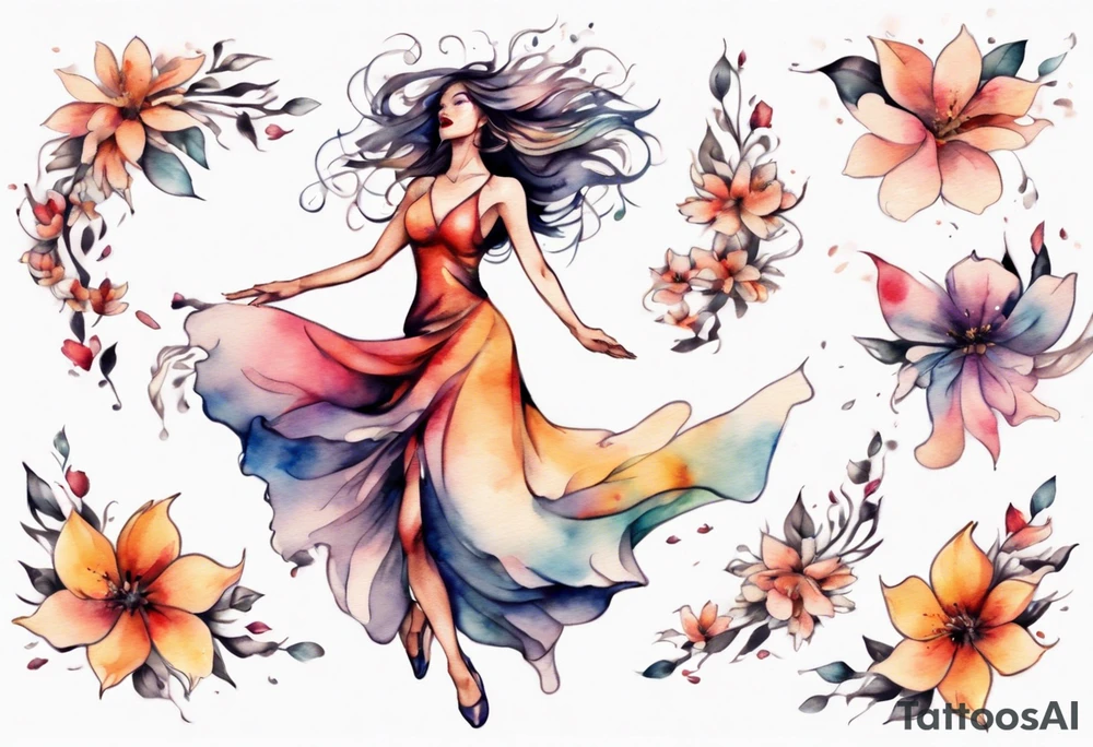 One Very feminine woman dancing in a wind of flower petals tattoo idea