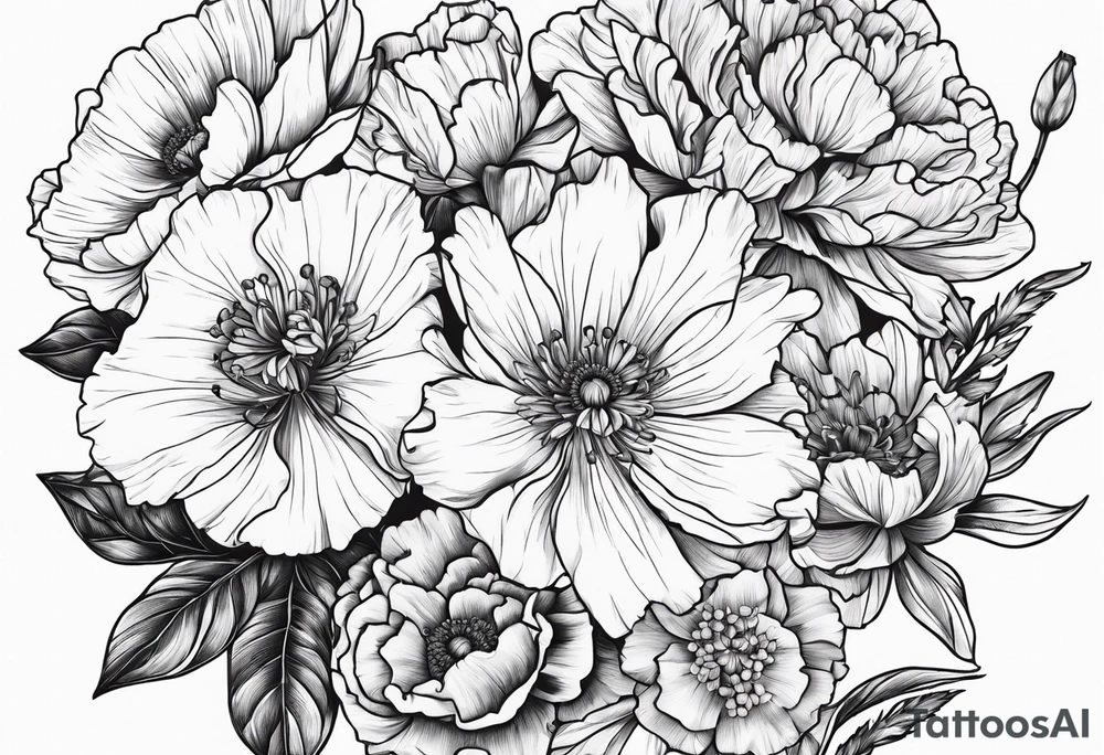 Carnations, aster, daffodil, poppy, hawthorn, larkspur tattoo idea