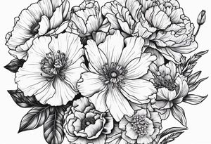 Carnations, aster, daffodil, poppy, hawthorn, larkspur tattoo idea