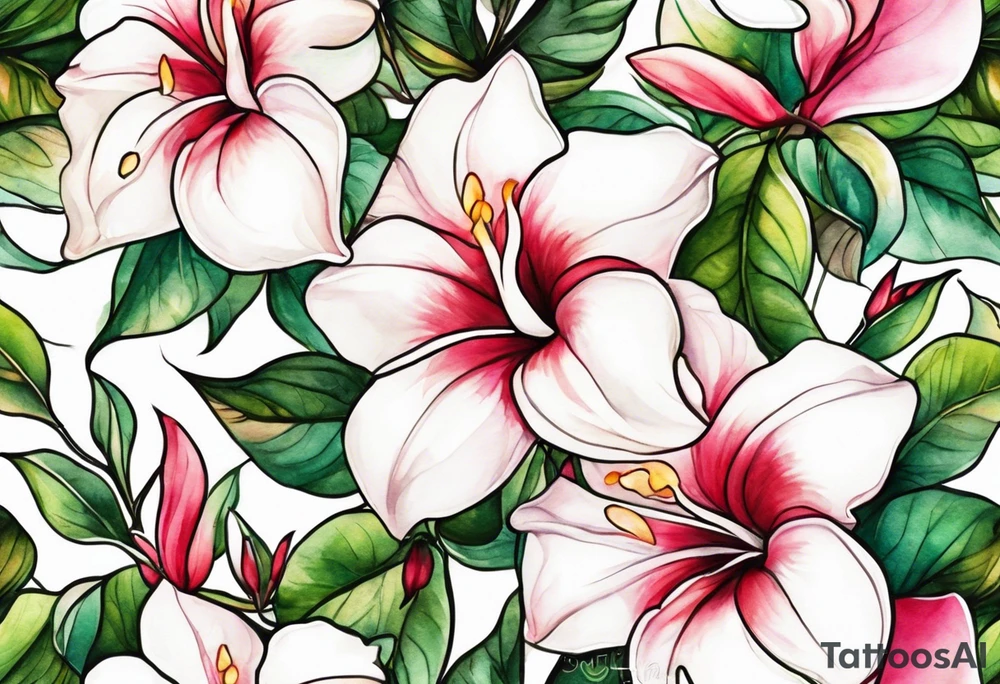 white background, abstract mandevilla flowers on a vine, part of it watercolor, part of it just line work tattoo idea