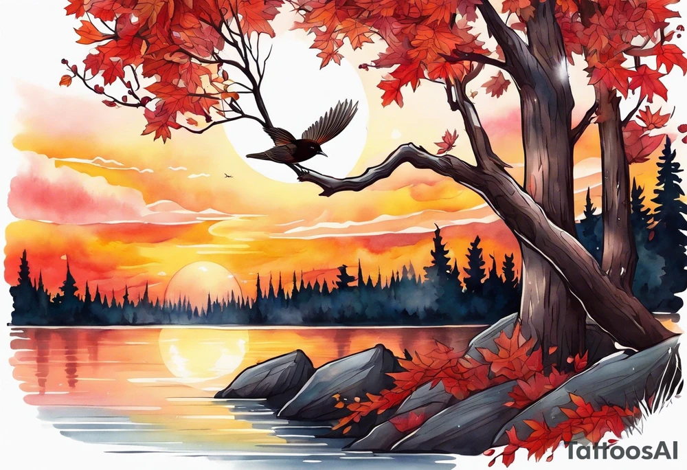 full left arm. Long tattoo A maple tree with red autumn leaves that branches upwards. White-throated dipper bird on the trees branches. Calluna flowers at the base of the trees stem. Tree stem has dark colors. Red/yellow sunset behind the trees stem. Leaves falling. tattoo idea