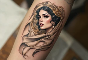 Alfons Mucha’s art nouveau woman with pearl earrings, flowing beige scarf, and a backdrop of swirling bronze flourishes. tattoo idea