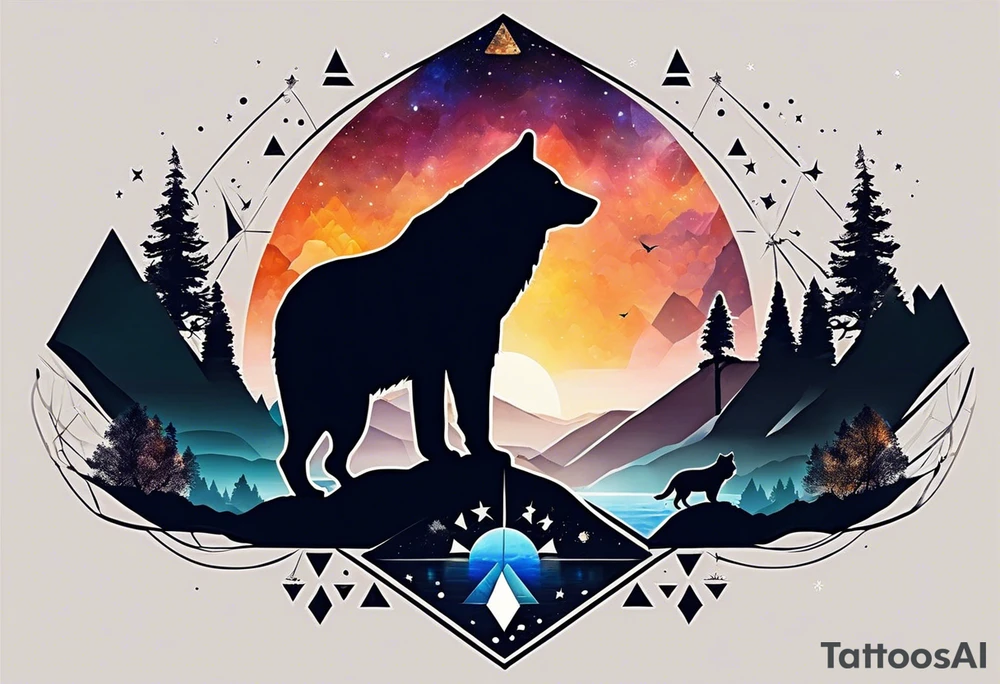I need to create a sleeve tattoo from shoulder to wrist. The design should include space, stars, forest, sunset, mountains, cliffs, waterfall, water, ocean, wild animals (bear, wolves, elephant), and inserts of triangles and geometric figures. I have two children – a son, Sergei (the eldest), and a daughter, Anna, who live with me and my wife. But I also have another daughter, Marianna, whom I haven't seen for a long time and eagerly await to meet. The tattoo should symbolize love and protection for my children and family, the desire to secure their future, and confidence in tomorrow. It should reflect the notion of not looking back, but always moving forward and achieving goals! tattoo idea