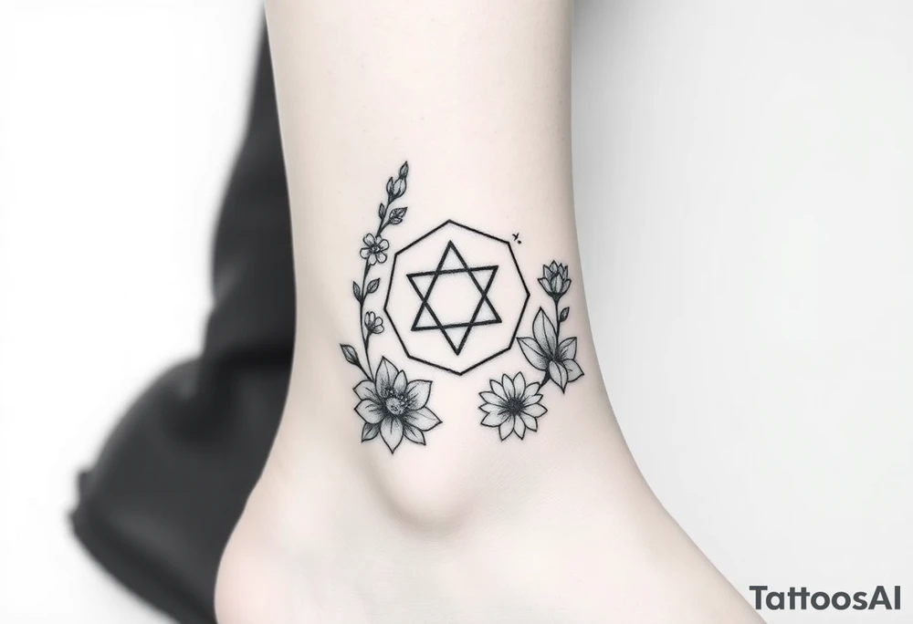 Hexagon Leo symbol larkspurs and water lilies tattoo idea