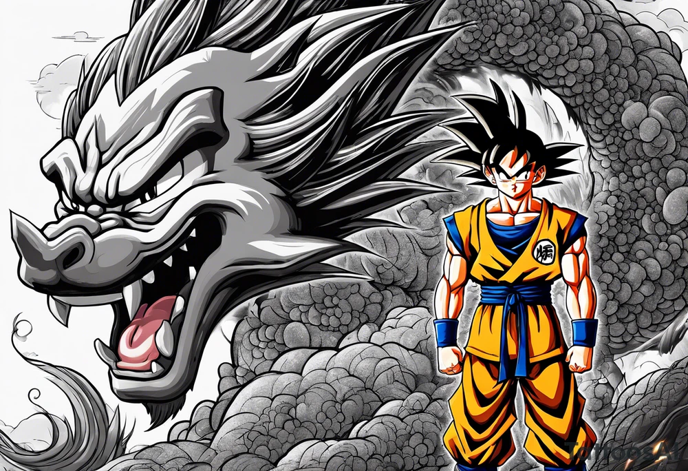 Son-Goku as a child in the foreground and an older version of him as a super saiyajin behind him. A huge dragonball surrounds the whole scenery. Fokus friends are surrounding him as shadows tattoo idea