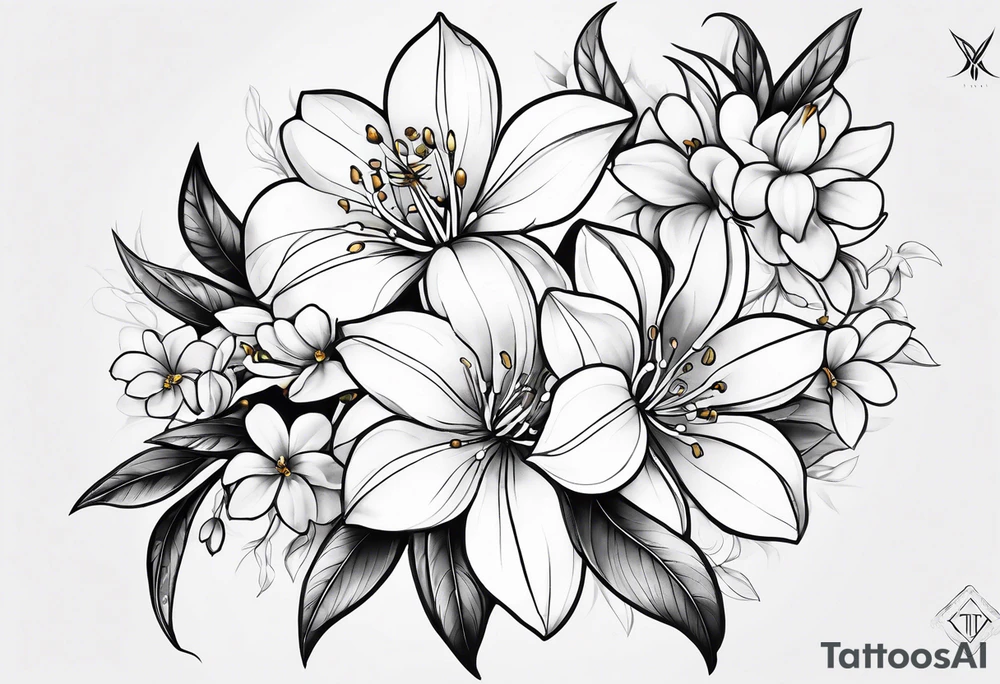 Shoulder and collarbone tattoo of a vibe of night-blooming Jasmine. The tattoo should have a spider tattoo idea