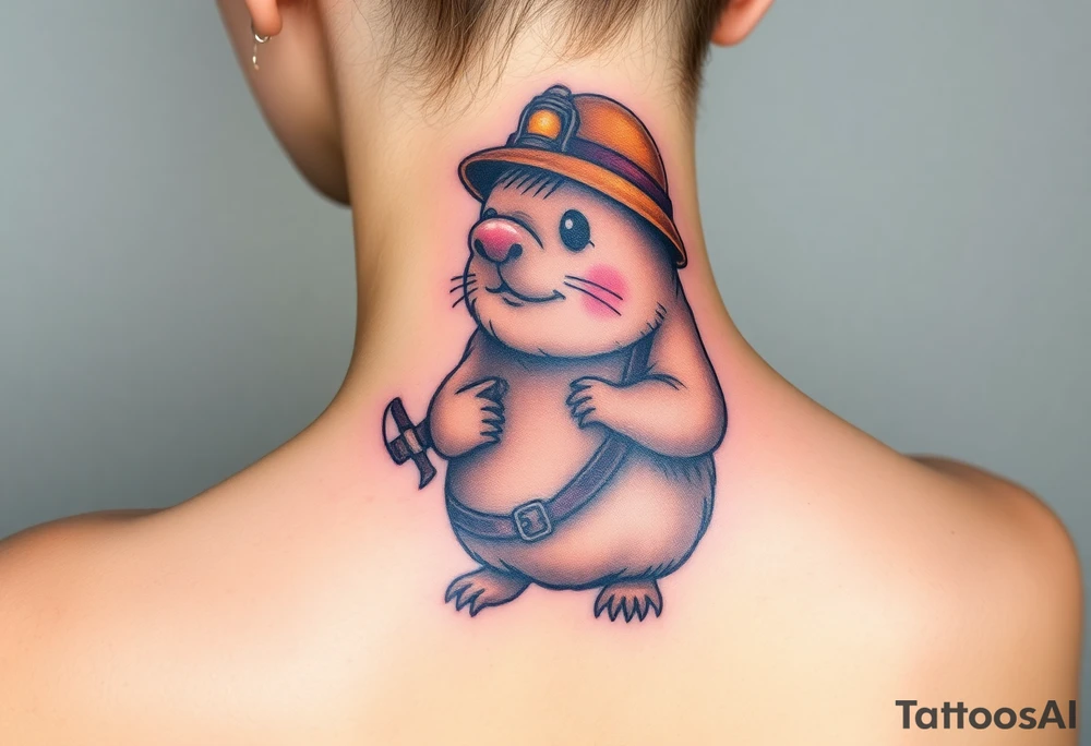 A mole dressed as an old-fashioned miner, with a small oil lamp on its helmet and tiny pickaxe in hand tattoo idea