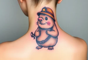 A mole dressed as an old-fashioned miner, with a small oil lamp on its helmet and tiny pickaxe in hand tattoo idea