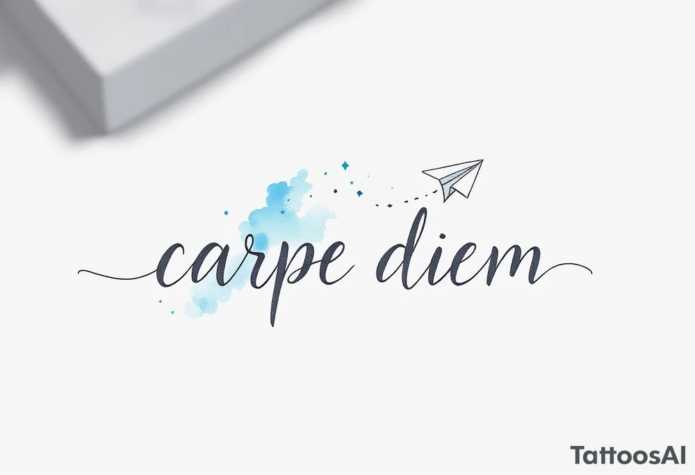 Flowing script in ink-wash gray "carpe diem", with a paper plane in pale blue flying above the phrase. tattoo idea