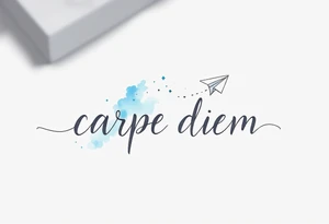 Flowing script in ink-wash gray "carpe diem", with a paper plane in pale blue flying above the phrase. tattoo idea