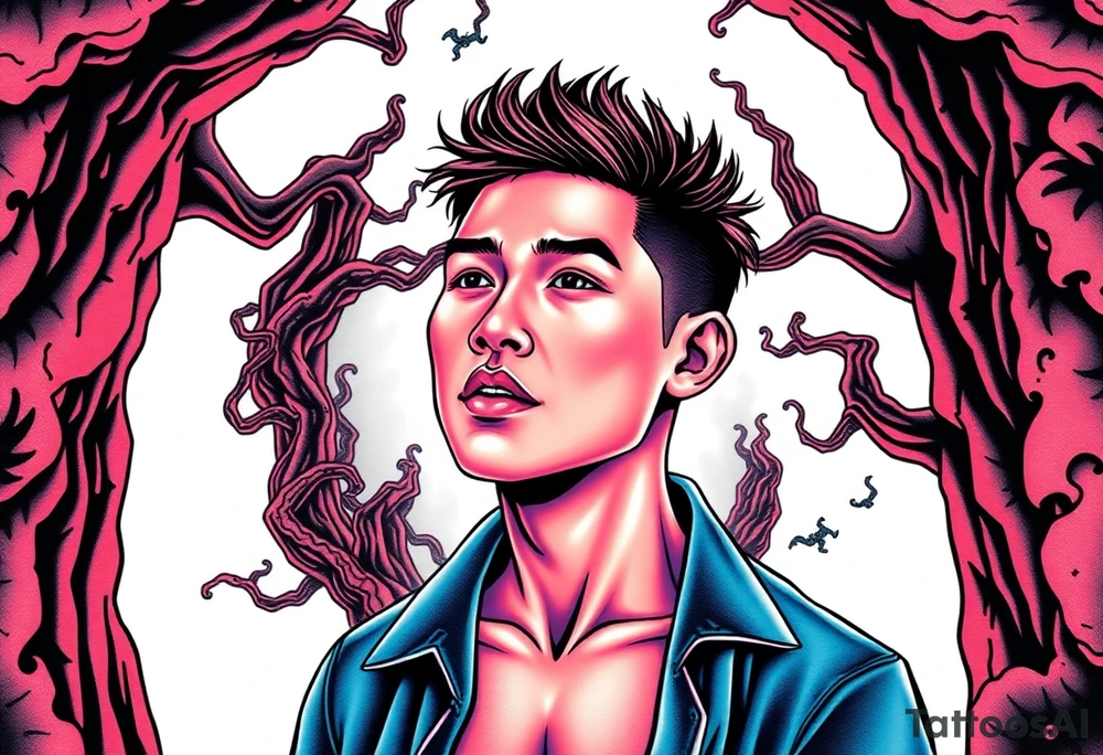 Handsome Asian young guy lost in a cursed labyrinth tattoo idea