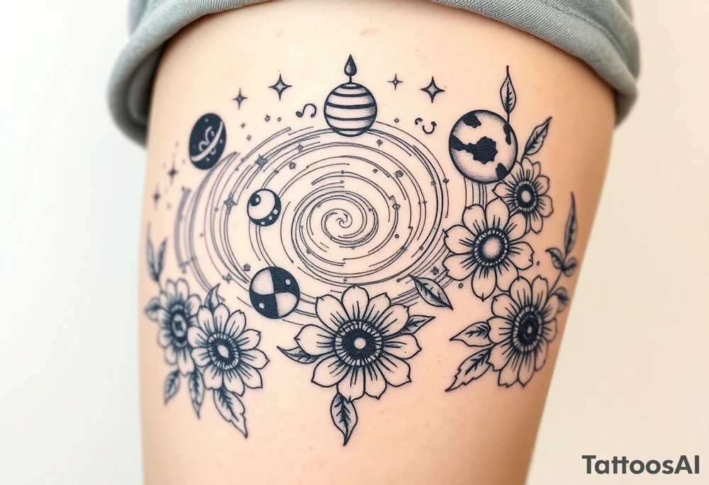 Milky way galaxy with planets with zodiac symbols and protection runes in it with tigerlillies roses and sunflowers tattoo idea