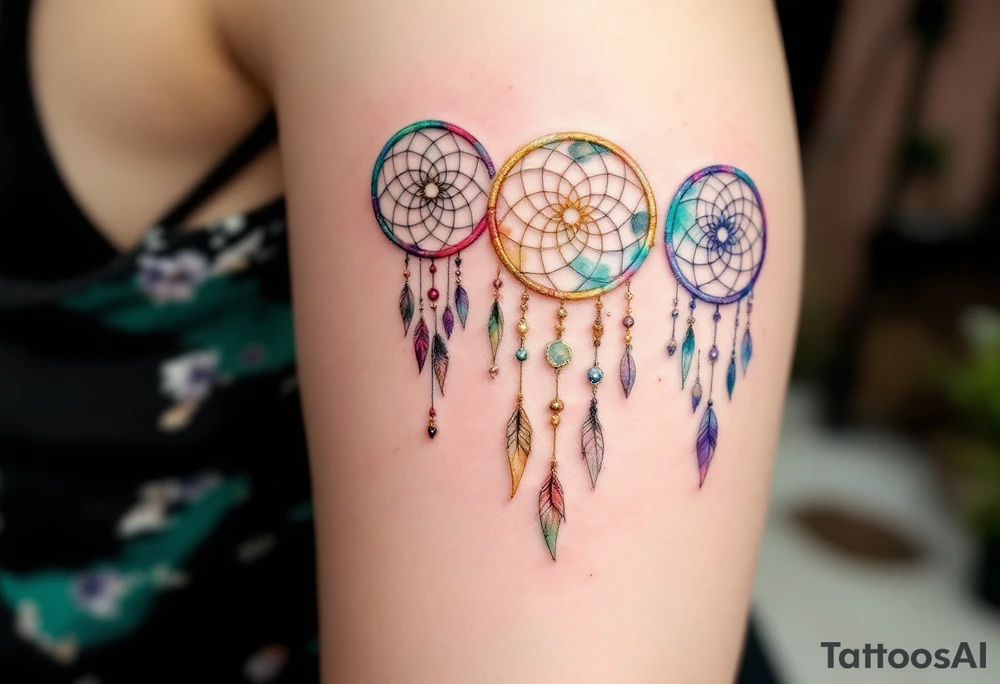Three delicate dreamcatchers, each woven in a different hue—turquoise, gold, and silver—with small charms representing each person. tattoo idea
