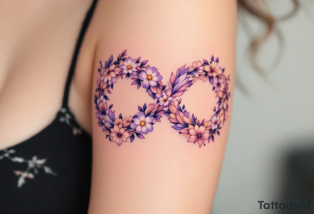 Floral infinity sign incorporating "Sofie – 8.6.2021 v 11:20" in lavender and soft beige. tattoo idea