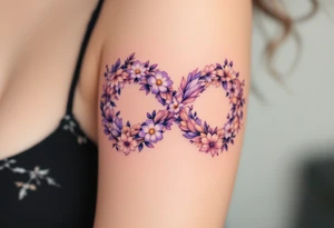 Floral infinity sign incorporating "Sofie – 8.6.2021 v 11:20" in lavender and soft beige. tattoo idea