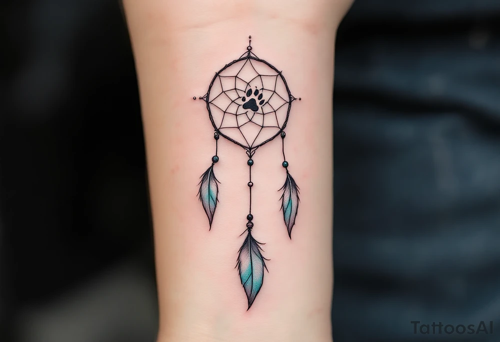 A dreamcatcher with wolf paw prints subtly incorporated into the web, representing the wolf's path and journey. The feathers dangle with small, delicate beads at the end. Black and white for the paw prints and dreamcatcher, light grey for the feathers, and accents of turquoise for the beads. tattoo idea