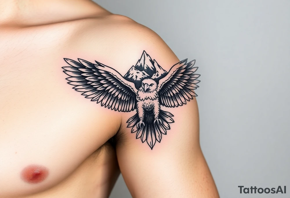 majestic eagle spreading wings against mountain peaks tattoo idea