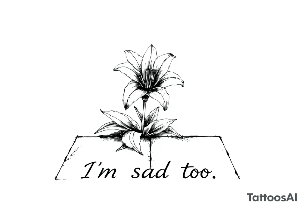 Lily growing out of tile floor with the words I’m sad too written small in the grout between two tiles tattoo idea