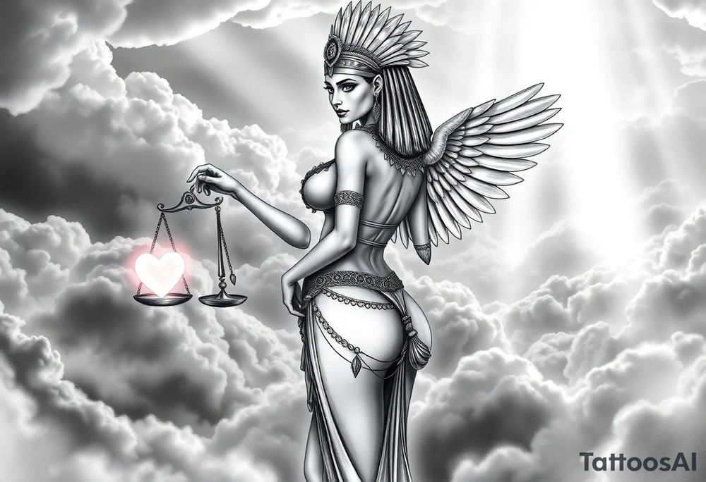 A sensual, curvaceous Egyptian goddess stands with her back slightly turned, accentuating her figure. She wears an elaborate ostrich feather headdress and ornate, intricate ancient Egyptian jewelry draped across her body. Her expression is mysterious and confident. Large, ethereal wings extend from her back, glowing softly.
In one hand, she holds the Scales of Justice: one side holds a radiant, glowing heart; the other, Ma’at’s feather, both pulsing with mystical energy. The scales themselves shimmer with an otherworldly light.
The background is a surreal, heavenly landscape filled with luminous clouds and beams of divine light piercing through, creating dramatic contrasts of deep shadows and highlights. The entire scene is bathed in an ethereal, mystical glow, with a dreamlike, almost supernatural atmosphere. tattoo idea