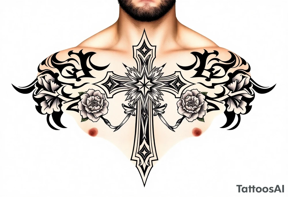 a 3D cross with roses with stars and clouds tattoo idea