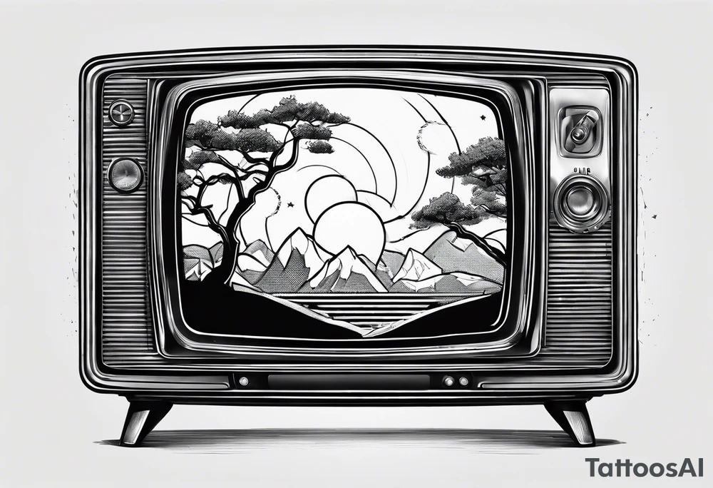 retro tv with broken screen that shows another world tattoo idea