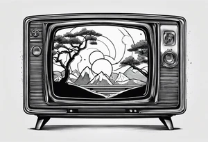 retro tv with broken screen that shows another world tattoo idea
