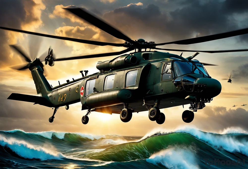 A cinematic-style tattoo depicting a Canadian military CH-148 Cyclone helicopter performing a daring maneuver over a turbulent ocean. The sky should be filled with dramatic clouds, and the sun should be setting, casting long shadows. The helicopter should be the main focus, with intricate details and a sense of motion. In the background, a poppy should be prominently displayed, and a quote from 'Lest We Forget' should be included tattoo idea