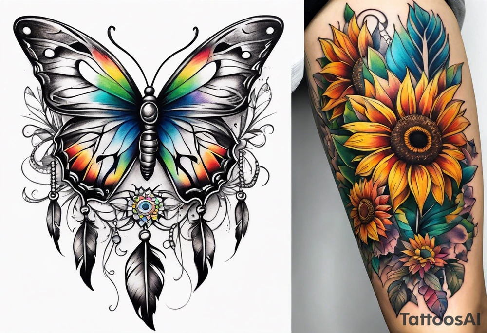 Quarter Leg sleeve with dreamcatcher, rainbow sunflowers and one butterfly tattoo idea
