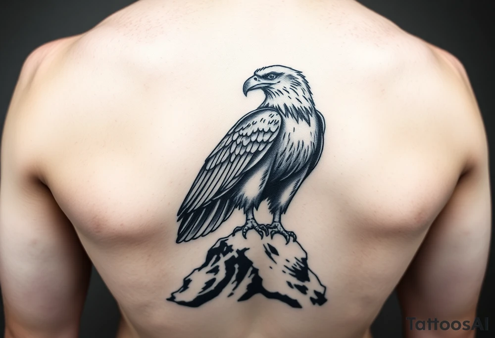 an eagle stands on a rock, landscape. tattoo idea