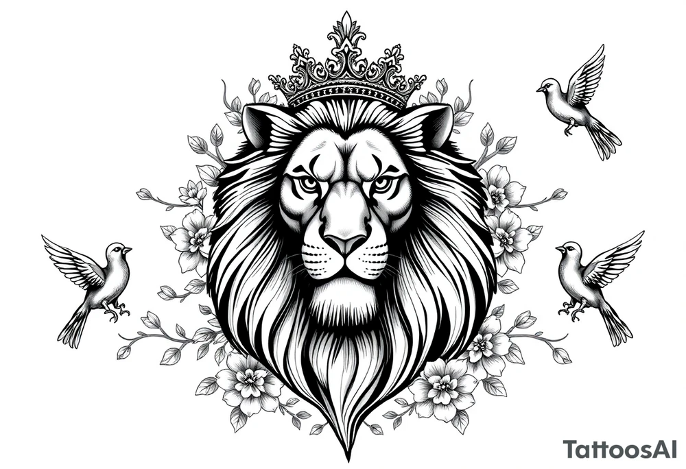 powerful majestic lion with a crown, surrounded by floral ornaments and birds tattoo idea