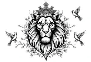 powerful majestic lion with a crown, surrounded by floral ornaments and birds tattoo idea