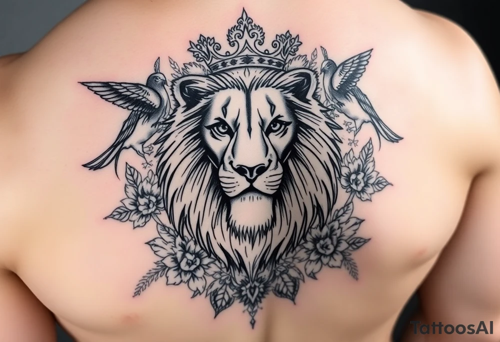 powerful majestic lion with a crown, surrounded by floral ornaments and birds tattoo idea