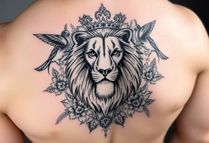 powerful majestic lion with a crown, surrounded by floral ornaments and birds tattoo idea