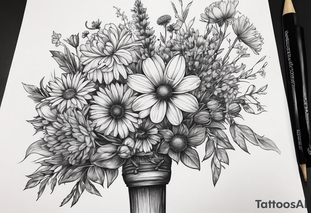 Bouquet of wildflowers tied to a broom handle tattoo idea