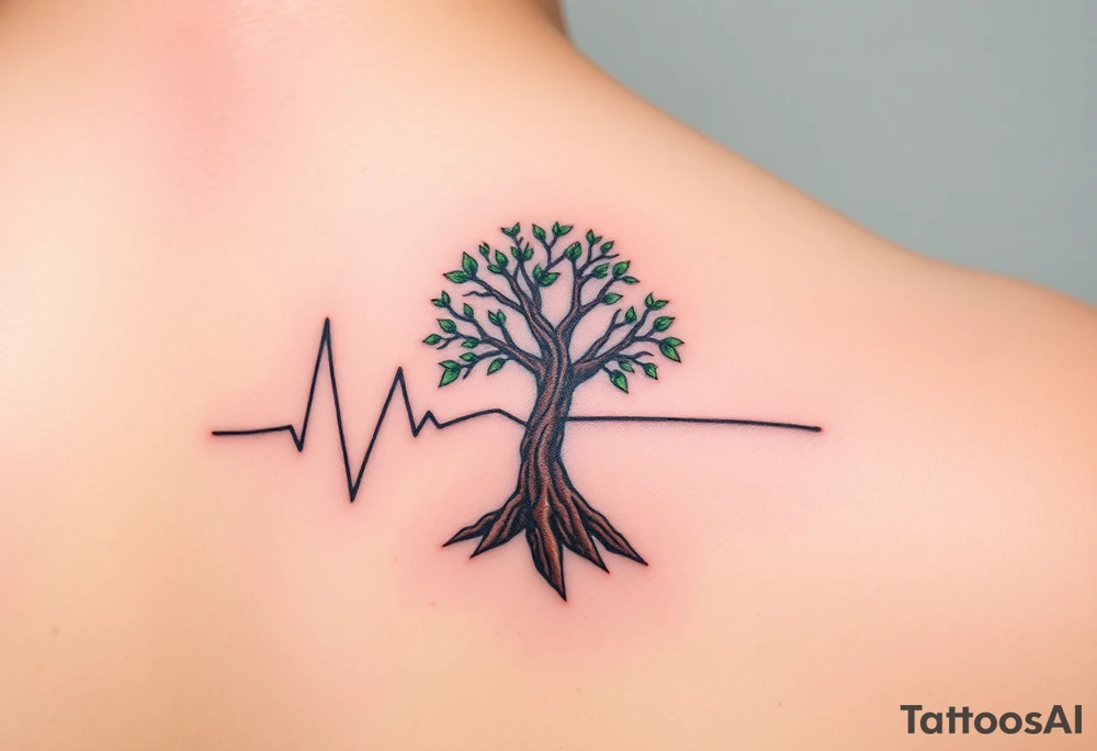 A heartbeat line flowing into a tree silhouette, with green leaves and brown bark, symbolizing the growth and strength of love tattoo idea